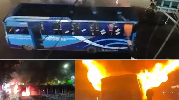 রাজধানীতে বাসে আগুন ও ককটেল বিস্ফোরণের পর আইনশৃঙ্খলা বাহিনীর উপস্থিতি।