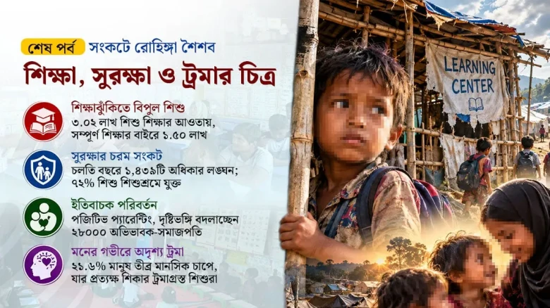 কক্সবাজারের রোহিঙ্গা ক্যাম্পে লার্নিং সেন্টারে পড়াশোনারত শিশুরা।